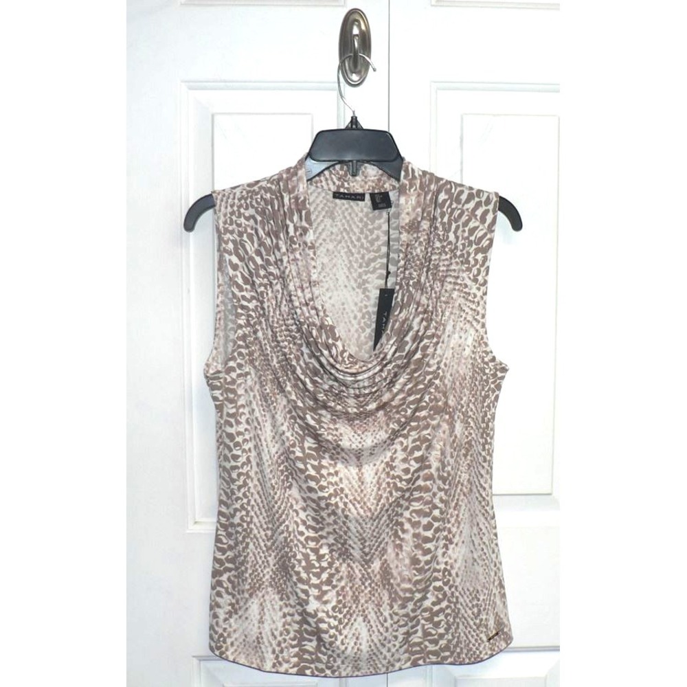 Tahari Women's Drape Cowl Neck Sleeveless Top in Brown‎ Ivory Snake Print Large